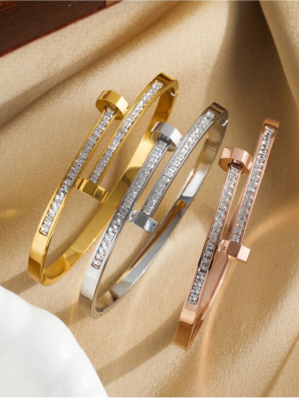 Classic Crystal Bar Bangle Bracelet - Gold, Silver, Rose Gold